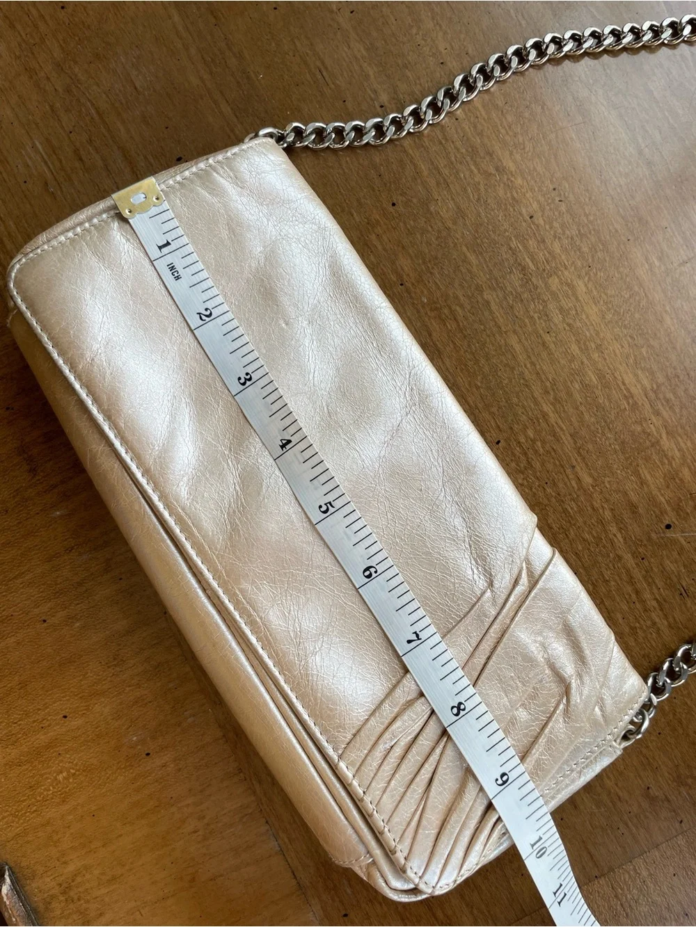 HOBO Cream Champagne Metallic Leather East-West Shoulder Bag with Chain Strap